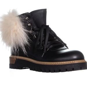 ANTHROPOLOGIE POKEMAOKE BLACK LEATHER PINK FOX FUR HIKING COMBAT BOOTS 6 36